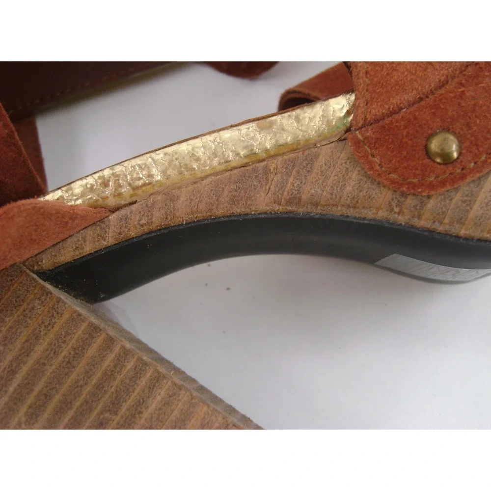 Free People Suede‎ Platform Sandals Rust Brown Gold Metallic Block Heel Size 39